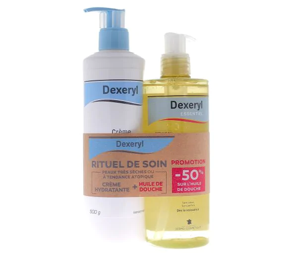 Dexeryl Crème sécheresses cutanées Pierre Fabre - flacon-pompe de 500g + huile de douche 500ml