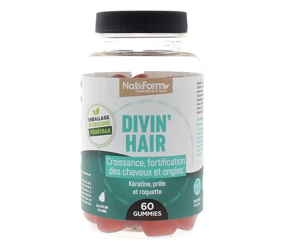 Divin'hair gummies croissance et fortification ongles et cheveux Nat&Form - pot de 60 gommes
