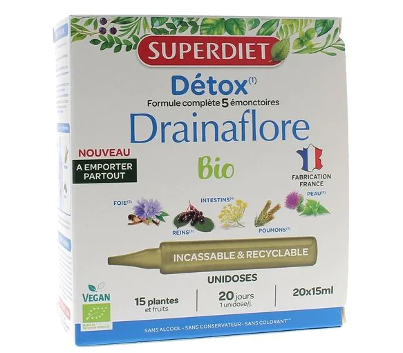 Drainaflore détox bio Superdiet - boîte de 20 unidoses de 15ml