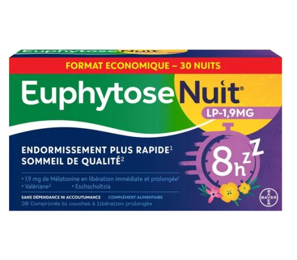 EuphytoseNuit® LP 1,9 mg mélatonine 30 comprimés à libération prolongée - boite de 24,8g