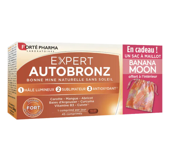 Expert Autobronz bonne mine naturelle Forté Pharma - boite de 45 comprimés + 1 sac à maillot de bain Banana Moon offert