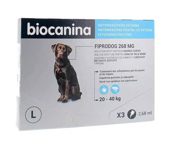 Fiprodog Spot on 268 mg grand chien 20-40 kg Biocanina - boîte de 3 pipettes