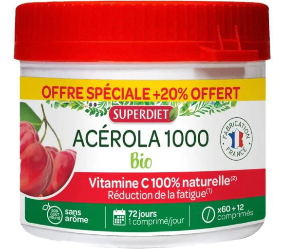 Acérola 1000 bio Super Diet - pot de 60 + 12 comprimés offerts
