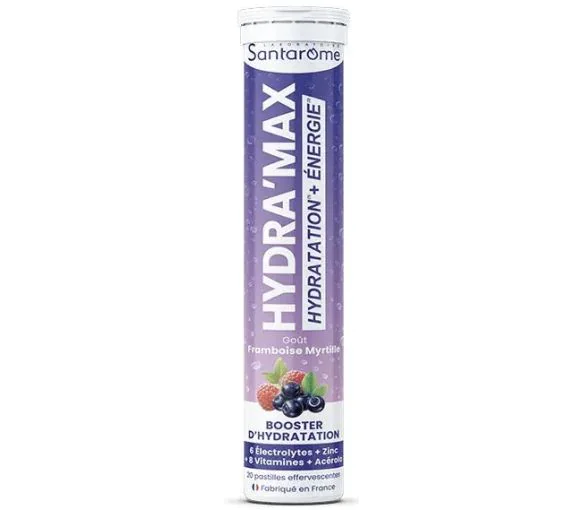 Hydra'max solution d'hydratation arôme framboise myrtille Santarome - 20 pastilles effervescentes