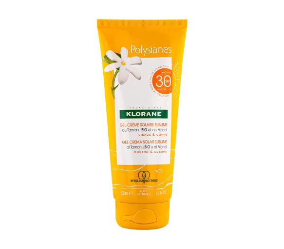 Gel-crème solaire sublime Polysianes visage et corps spf 30 Klorane - tube de 200ml
