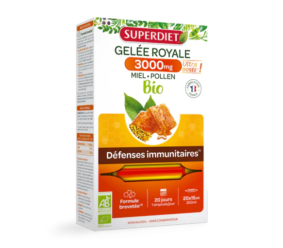 Gelée Royale 3000mg miel pollen bio Super Diet - boîte de 20 ampoules
