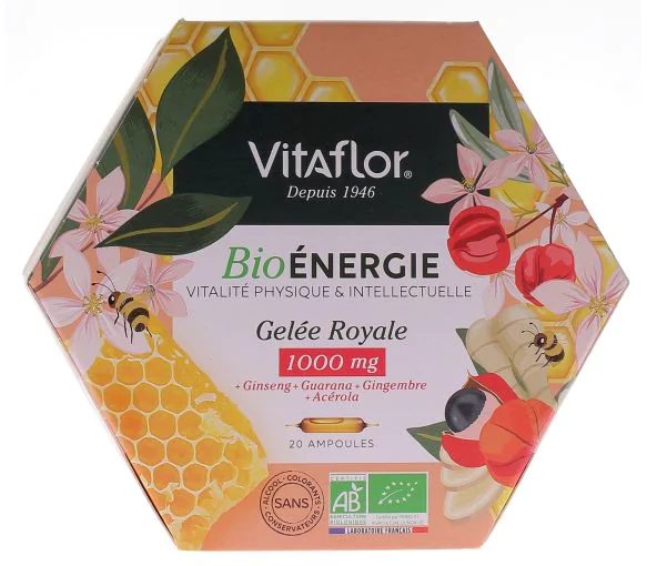 Gelée royale bio 1000 mg Énergie+ Vitaflor - boîte de 20 ampoules