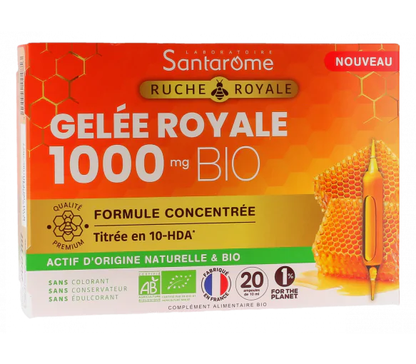 Gelée royale 1000mg bio Santarome - boîte de 20 ampoules de 10ml