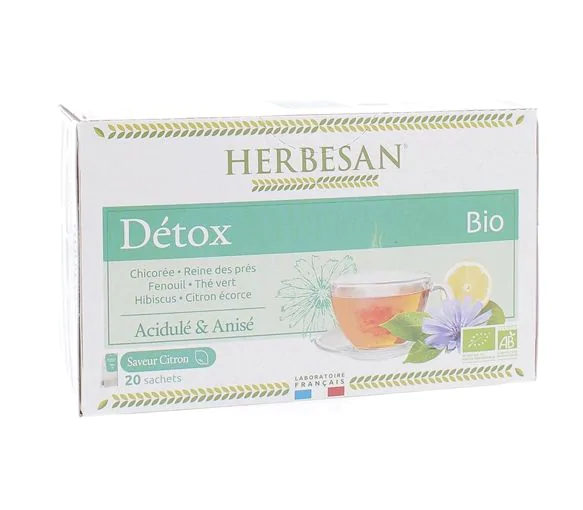 Infusion Bio détox saveur citron Herbesan - boîte de 20 sachets