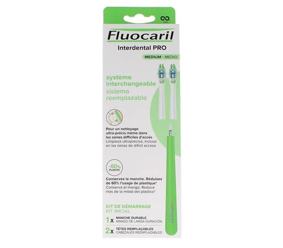 Interdental Pro Système interchangeable médium Kit de démarrage Fluocaril - boîte de 1 manche durable + 2 têtes remplaçables