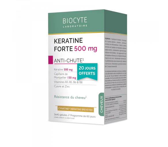 Kératine Forte 500mg anti-chute Biocyte - boîte de 120 gélules