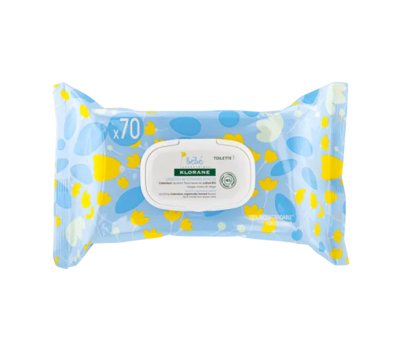 Lingettes nettoyantes douces bébé Klorane - paquet de 70 lingettes