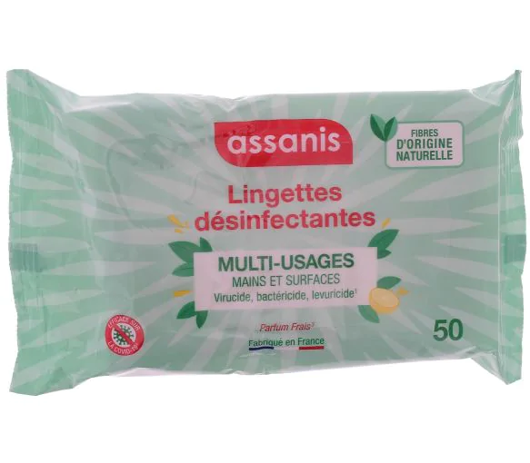 Lingettes antibactériennes Assanis - paquet de 50 lingettes