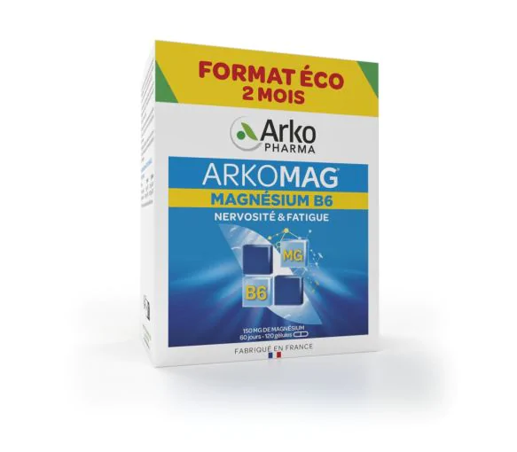 Arkomag Magnésium B6 nervosité et fatigue Arkopharma - boîte de 120 gélules programme de 2 mois