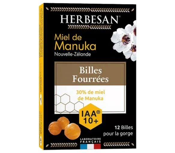Miel de Manuka billes fourrées IAA 10+ Herbesan - boîte de 12 billes pour la gorge