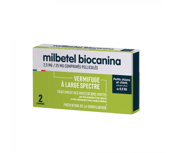 Milbetel 2,5mg/25mg vermifuge petits chiens et chiots +0,5kg Biocanina - boîte de 2 comprimés