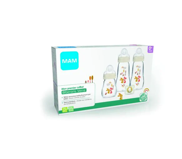 Mon premier coffret biberons verre hérisson Mam - 3 biberons et 1 sucette