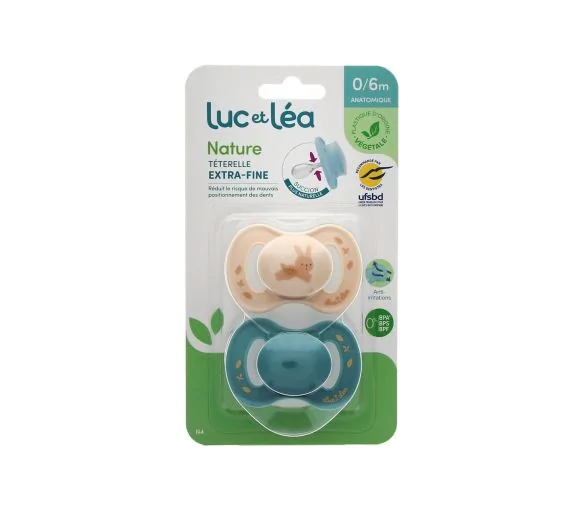 Nature sucettes anatomiques téterelle extra-fine 0-6 mois lapin & bleu Luc et Léa - lot de 2 sucettes