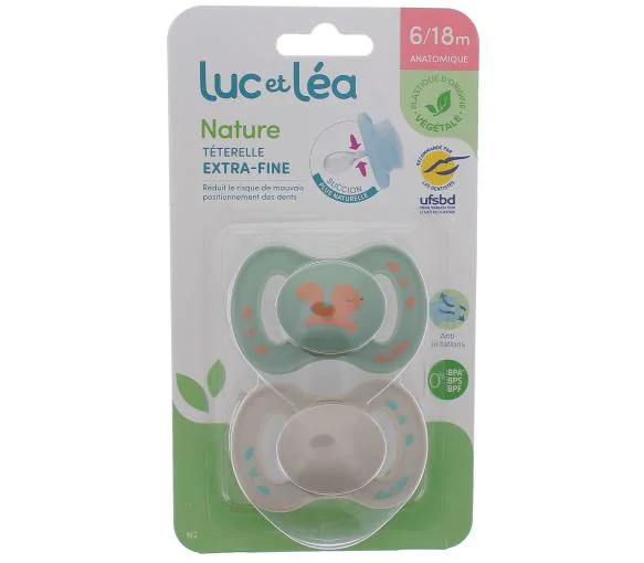 Nature sucettes anatomiques téterelle extra-fine 6-18 mois écureuil & beige Luc et Léa - lot de 2 sucettes