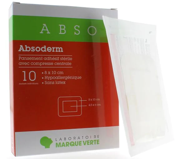 Absoderm Pansement adhésif stérile avec compresse centrale 8x10 cm Marque Verte - boîte de 10 sachets individuels