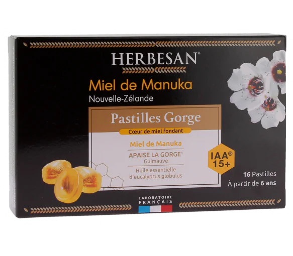 Pastilles gorge miel de manuka Herbesan - boite de 16 pastilles