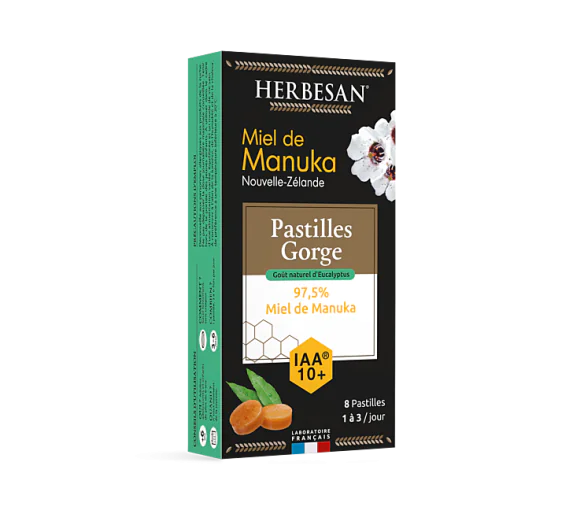 Pastilles gorge miel de manuka IAA10+ eucalyptus Herbesan - boîte de 8 pastilles