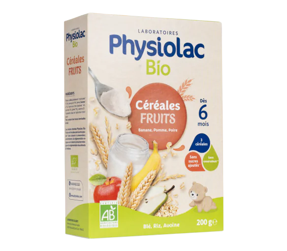 Physiolac bio céréales fruits dès 6 mois Gilbert - boite de 200 g