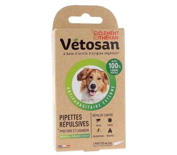 Pipettes répulsives moyen et grand chien vétosan Clément Thékan - 2 pipettes de 3 ml
