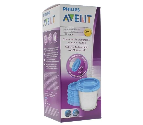 Pots de conservation lait maternel réutilisables 0 mois et + Avent - boîte de 5 pots de 180 ml