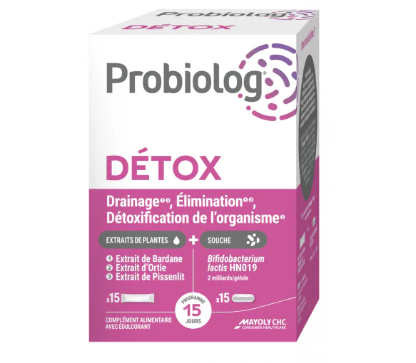 Probiolog Detox Mayoly Spindler - boîte de 15 gélules + 15 sticks
