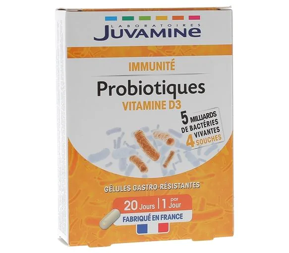 Probiotiques vitamine D3 Juvamine - boite de 20 gélules