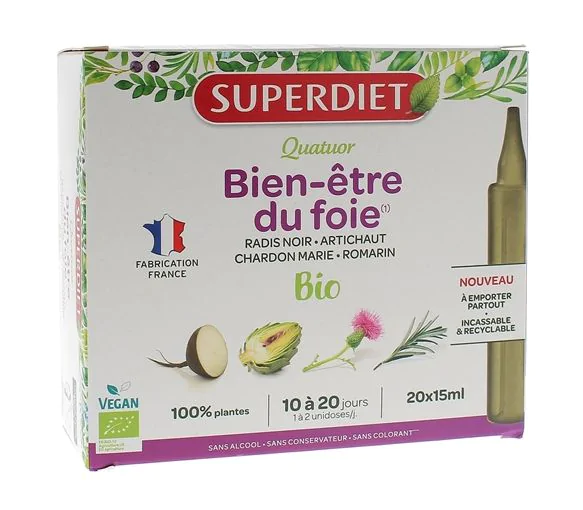 Quatuor Bien-être du foie bio Superdiet - boîte de 20 unidoses de 15ml