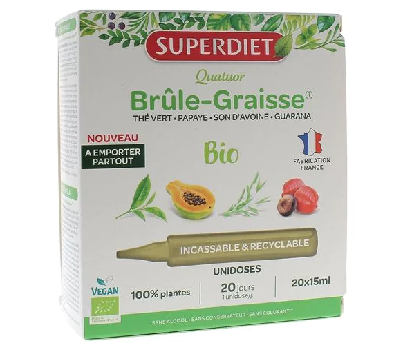 Quatuor Brûle-graisse bio Superdiet - boîte de 20 unidoses de 15ml