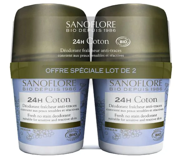 Déodorant coton 24h anti-traces Sanoflore - 2 roll-on de 50 ml