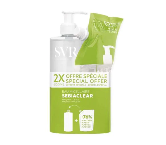 Sebiaclear Eau micellaire SVR - lot d'un flacon de 400 ml + une recharge de 400ml