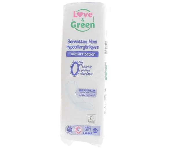 Serviettes anti-irritations maxi nuit Love & Green - 12 serviettes