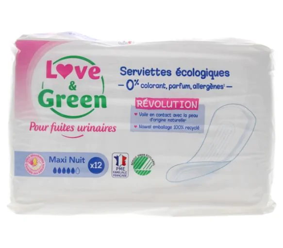 Serviettes écologiques fuites urinaires maxi nuit Love & Green - sachet de 12 serviettes
