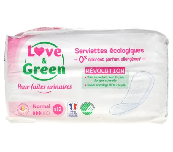 Serviettes écologiques fuites urinaires normal Love & Green - sachet de 12 serviettes