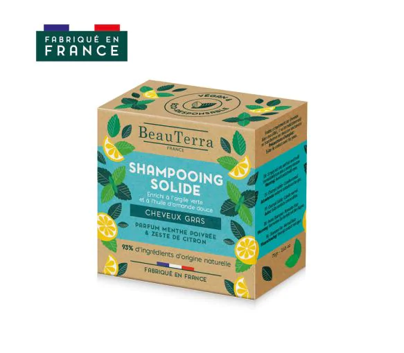 Shampoing solide cheveux gras parfum menthe et citron BeauTerra - Shampoing de 75g