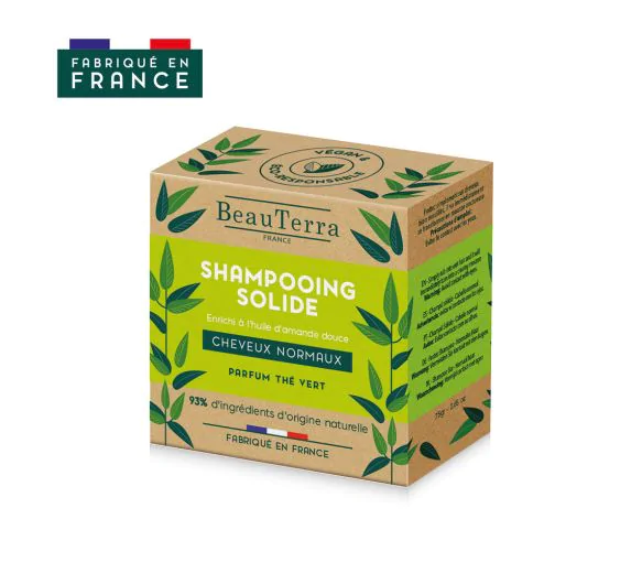 Shampoing solide cheveux normaux parfum thé vert BeauTerra - Shampoing de 75 g