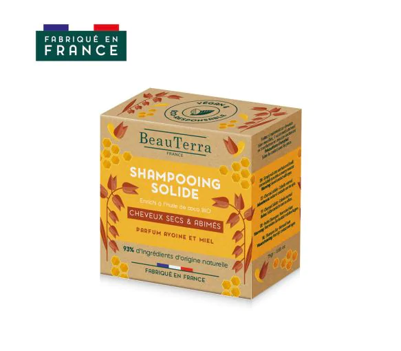Shampoing solide cheveux secs et abîmés parfum avoine et miel BeauTerra - shampoing de 75g
