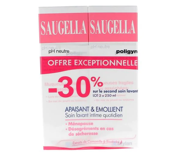 Soin lavant intime quotidien apaisant et émollient Saugella - lot de 2 flacons de 250 ml