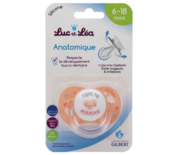 Sucette "J'aime ma maman" silicone anatomique 6 à 18 mois Luc et Léa - 1 sucette