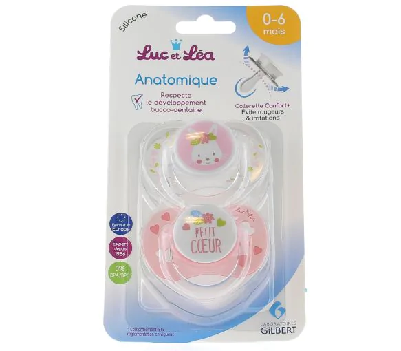 Sucettes Silicone Anatomiques avec anneau 0-6 mois modèle Lapin/ Coeur Luc et Léa - 2 sucettes