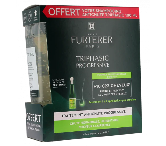 Triphasic Progressive anti-chute René Furterer - boite de 8 flaconnettes + shampooing 100ml offert