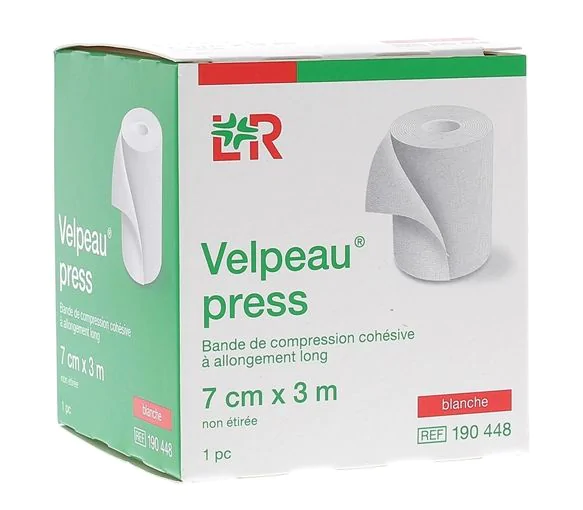 Velpeau Press Bande de compression cohésive à allongement long - boîte d'une bande blanche de 7x3cm