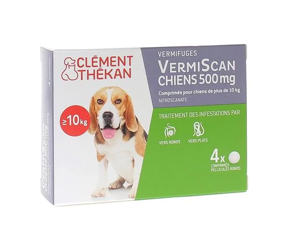 VermiScan chiens 500 mg Clément thékan - 4 comprimés pelliculés ronds