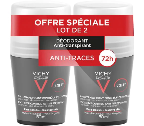 Déodorant anti-transpirant 72h peau sensible Vichy homme - lot de 2 flacons bille de 50 ml