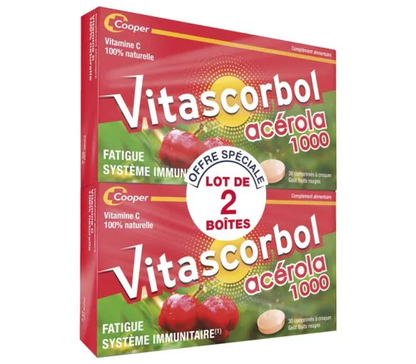 Vitascorbol Acérola 1000 goût fruits rouges - lot de 2 boites de 30 comprimés à croquer