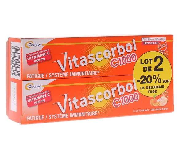 Vitascorbol C1000 vitamine C Cooper - lot de 2 boîtes de 20 comprimés effervescents